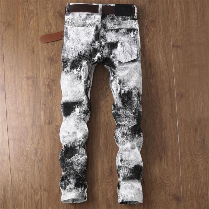 Heren jeans met print, punkstijl, gothic, zwart geverfd, dj club night, slim leg, coole witte jeans voor jonge mannen