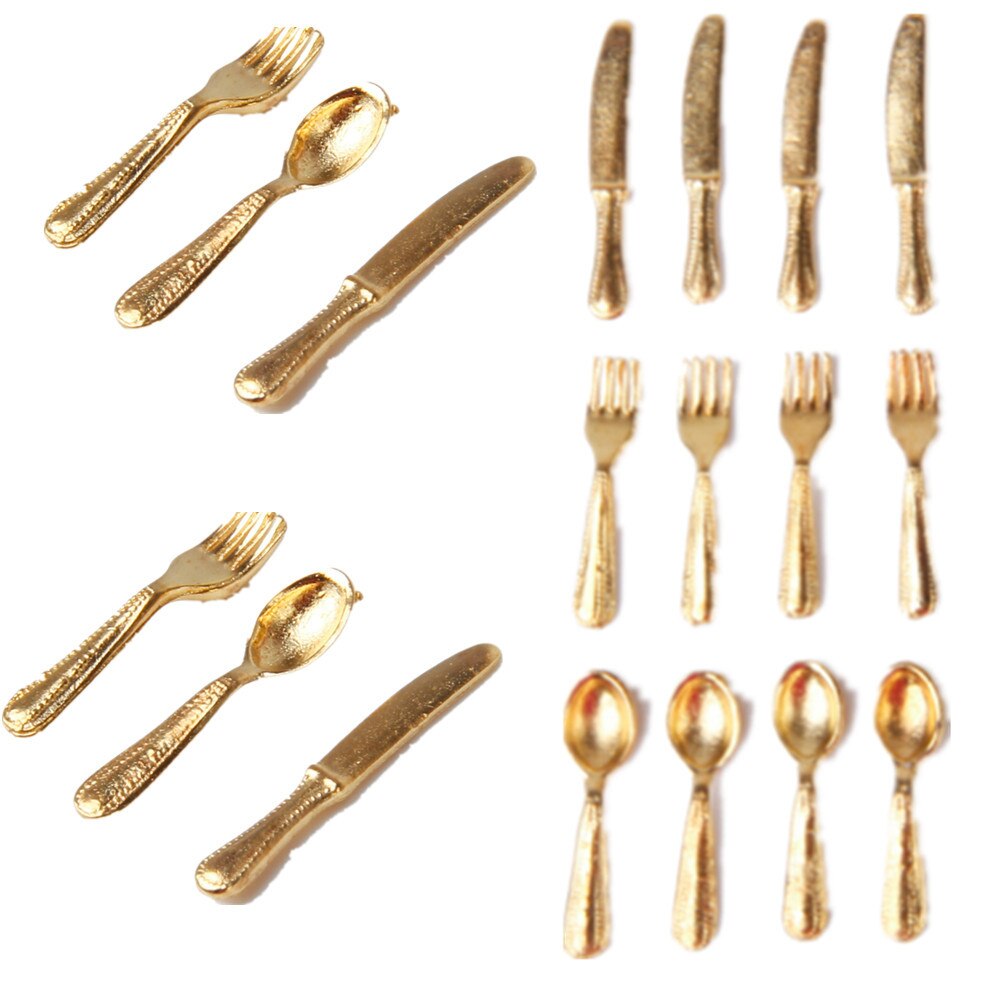 12Pcs 1/12 Dollhouse Miniature Stainless Steel Tableware Set knife spoon fork Classic Pretend Play Kitchen Furniture Toy