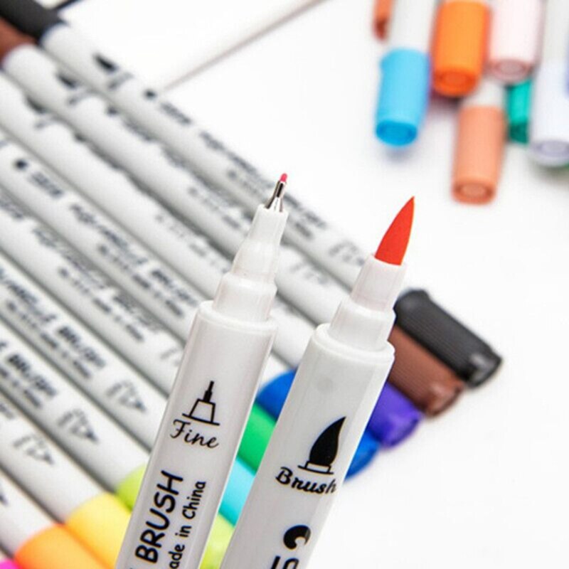 2 stk penselpenner med to spisser 0.4 fine liners pensel highlighter maling vannfarge penn 112