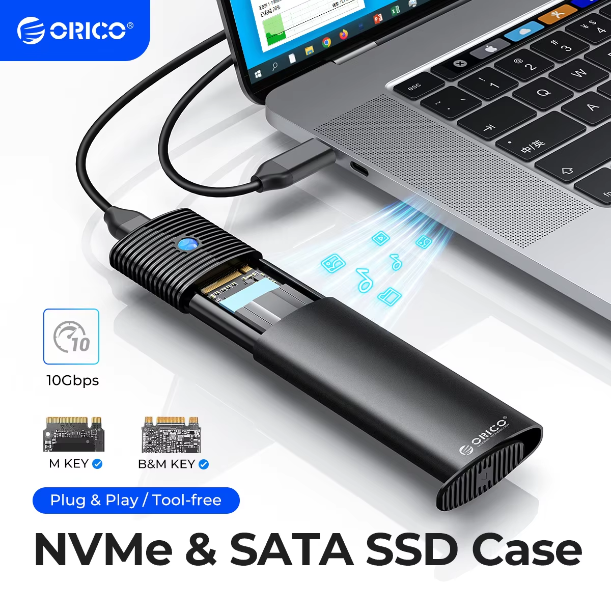 Obudowa ORICO M2 NVMe SSD 10Gbps PCIe M.2 NVMe SATA SSD Przenośna obudowa USB C 3.2Gen2 Bez narzędzi Zewnętrzny adapter z metalowym radiatorem