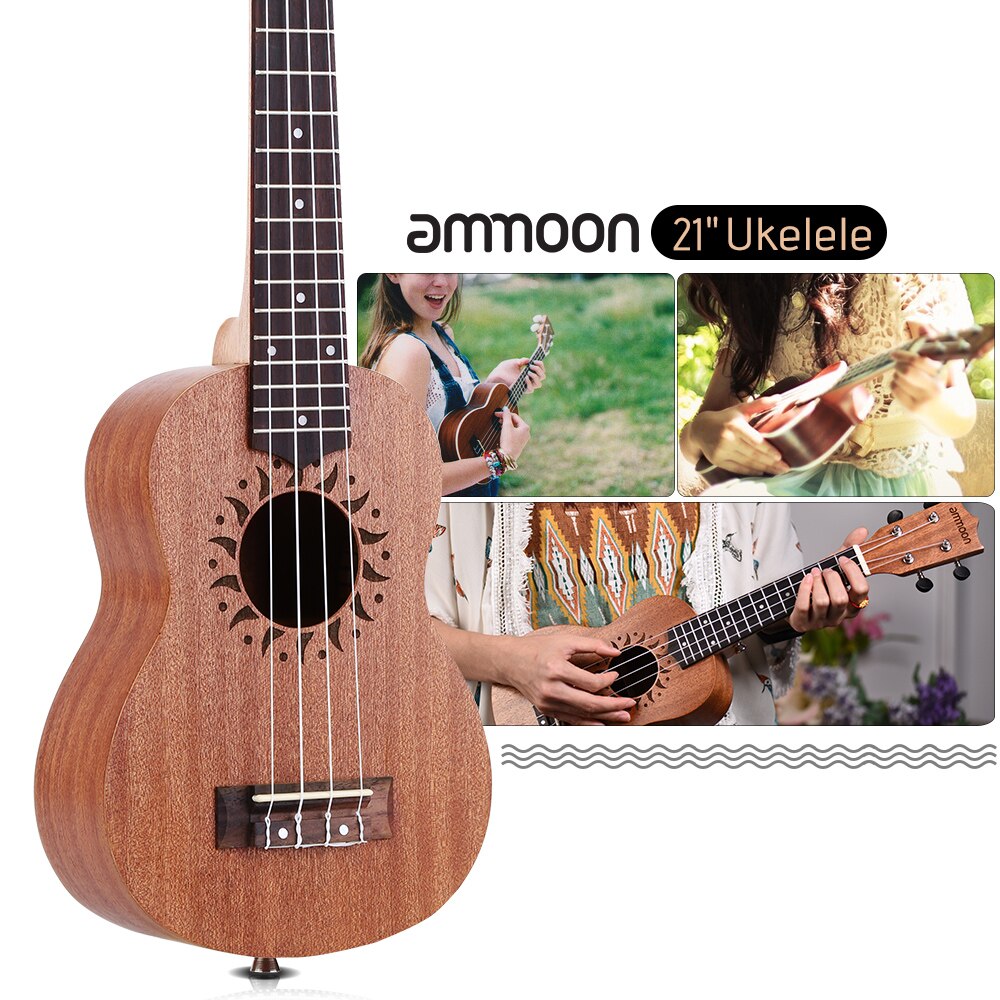 ammoon 21" Acoustic Ukulele Uke Sapele Ukelele 15 Fret 4 Strings Instrument Rosewood Semi Closed Okoume musical instruments