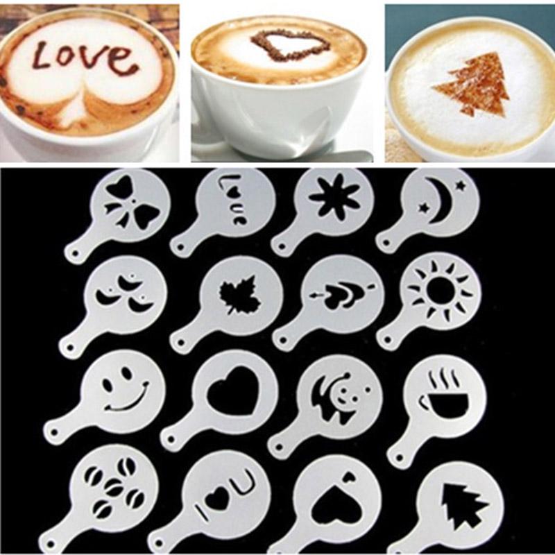 16 stk / sæt kaffe latte cappuccino barista kunst stencils kage støv skabeloner kaffe værktøj tilbehør