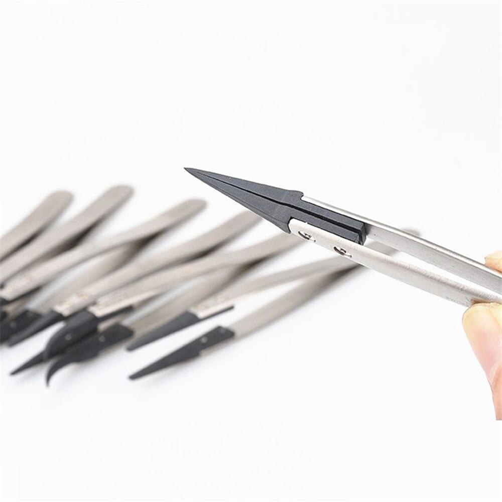 1pcs ESD Anti-Static Tweezers With Replaceable Tips Full Stainless Steel Body Carbon Fiber Conductive Plastic