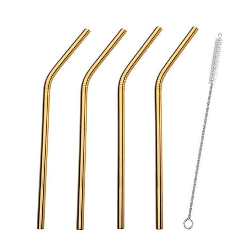 4/8Pcs Edelstahl Strohhalme Metall Wiederverwendbare Trinken Stroh Gold Gerade Gebogen Stroh Mit Reinigung Pinsel und Tasche: Gold(4Pcs Bent)