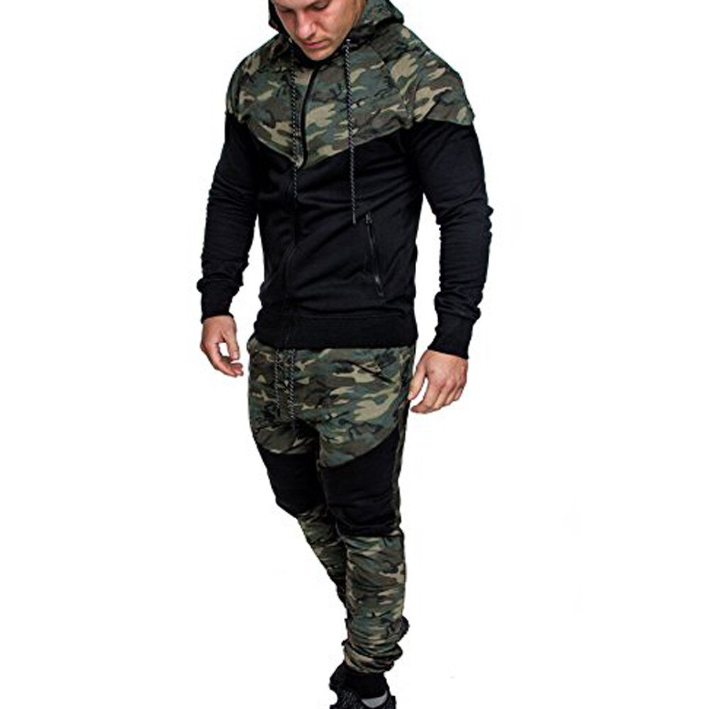 Mannen Herfst Winter Camouflage Zwart Sweatshirt Top Broek Sets Sport Pak Trainingspak Harajuku Sweatshirt + Broek Pluse Size