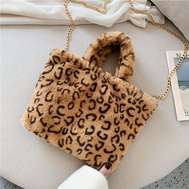 Vinter axelväska kvinnlig leopard kvinnlig väska kedja stor plysch vinter handväska messenger bag mjuk varm pälsväska: 02