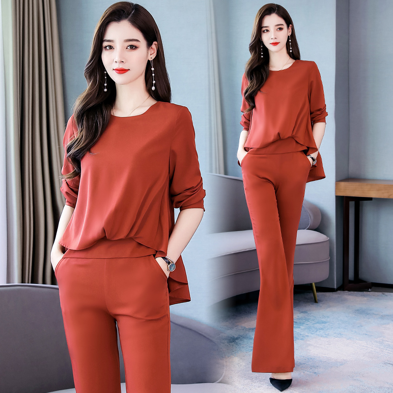 Autumn Spring style office lady long sleeve loose shirt blouse tops and long pants trousers suit female two pieces sets