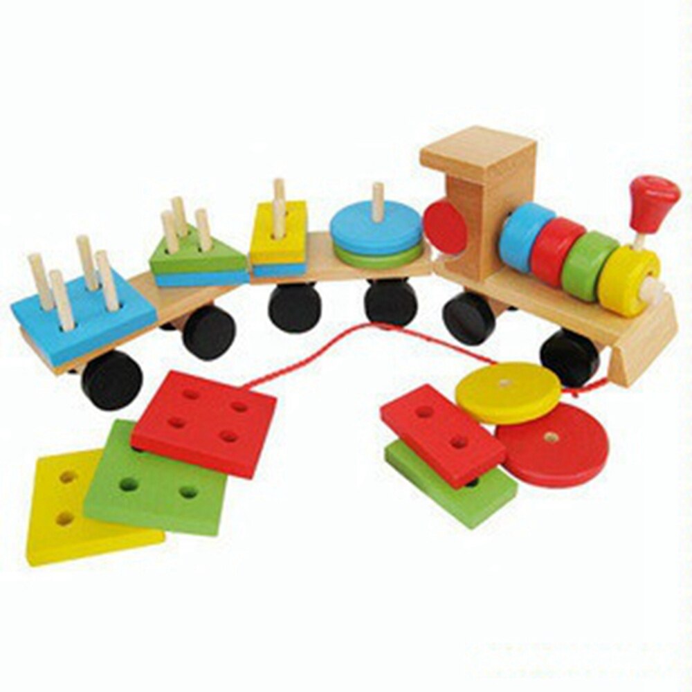 Småbørn baby træ stable tog blok legetøj sjovt køretøj blok brætspil legetøj træ pædagogisk legetøj til børn