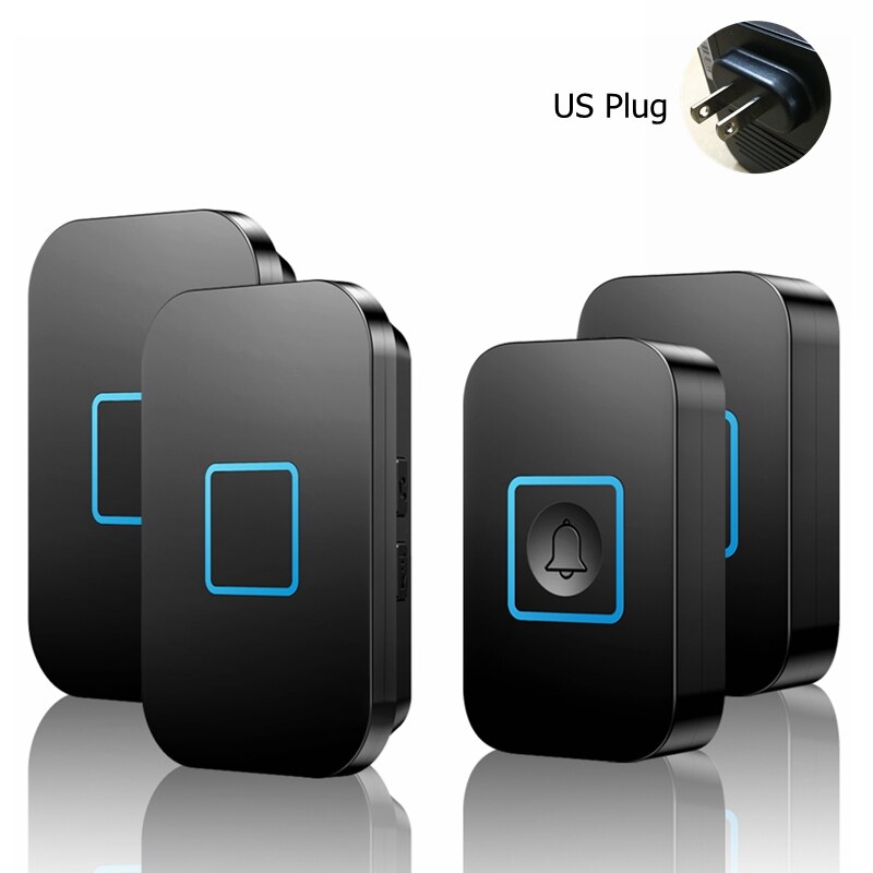 Intelligent Wireless Waterproof Doorbell 2 Button 2 Receiver US EU UK Plug 300M Remote Smart Home Door Bell Battery 60 Chimes: black 2x2 US