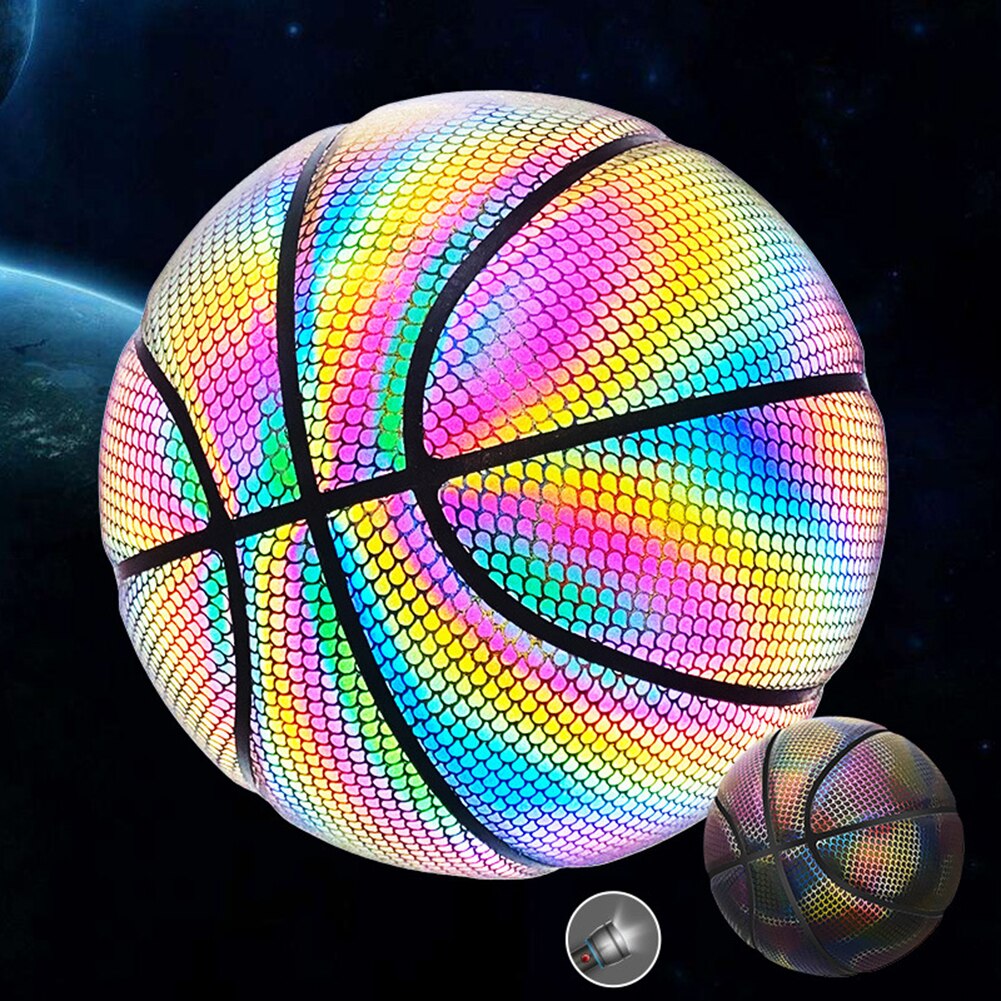 Glowing Basketball Luminous Basketball Cement Floor Individual Holographic Reflective PU Leather Basketballs Night Game Street
