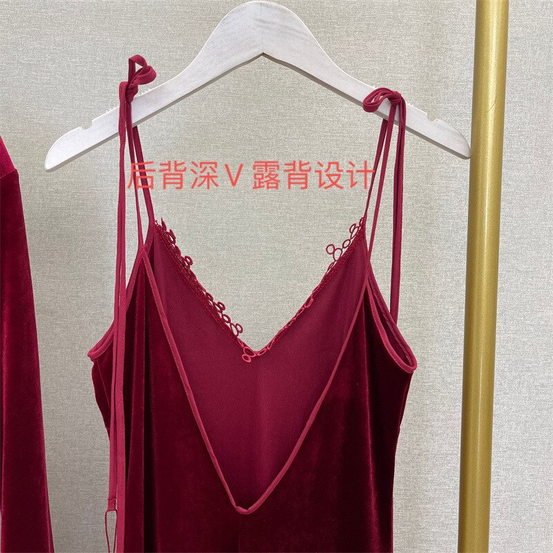 Conjunto de Bata larga de terciopelo para mujer, ropa de dormir suelta, Kimono, bata de baño con cinturón Sexy, lencería íntima para estar en casa, 2 piezas