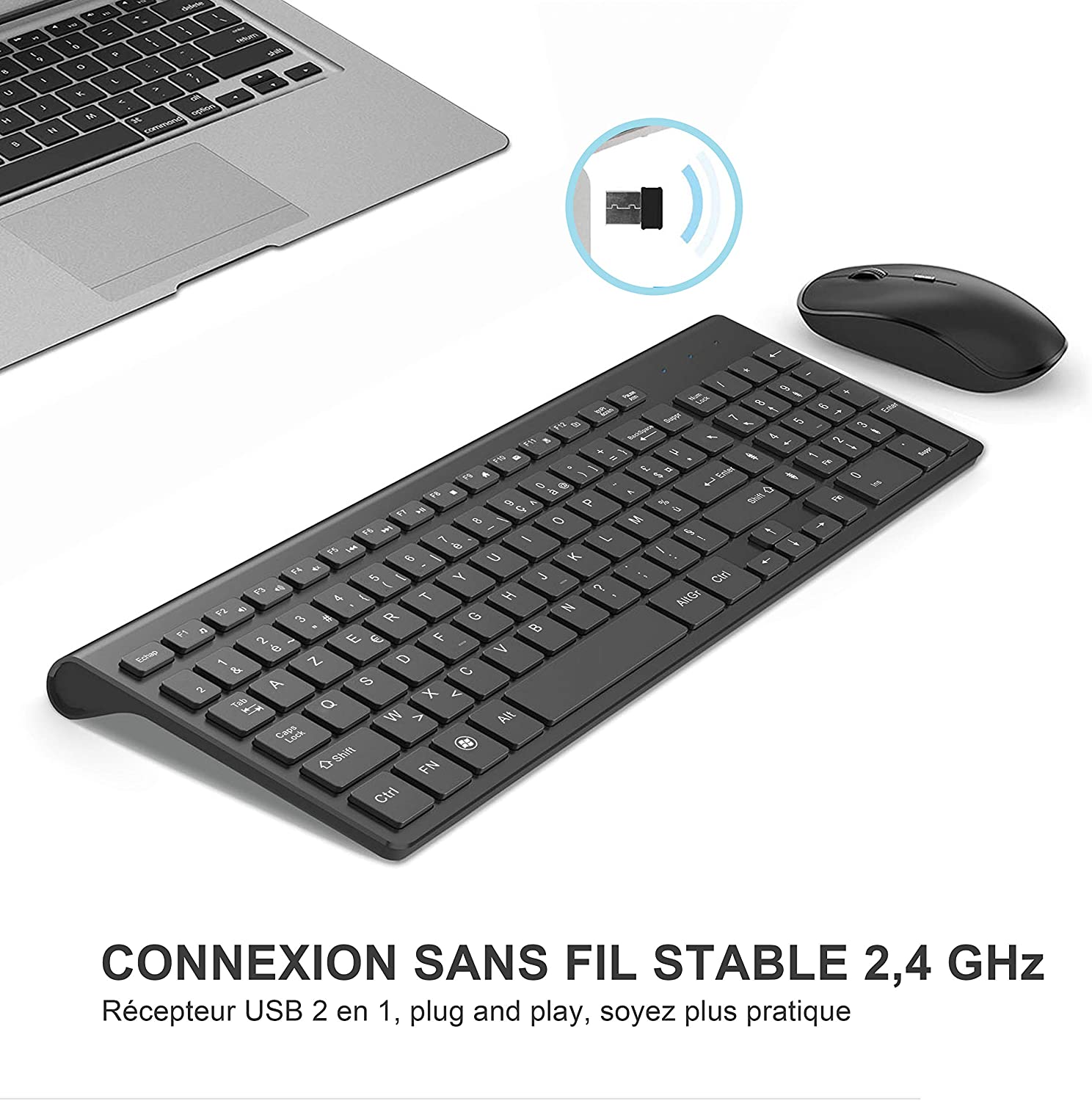 French keyboard wireless mouse and keyboard combination.2.4G.Rechargeable AZERTY keyboard, ergonomic, suitable for PC/laptop/TV