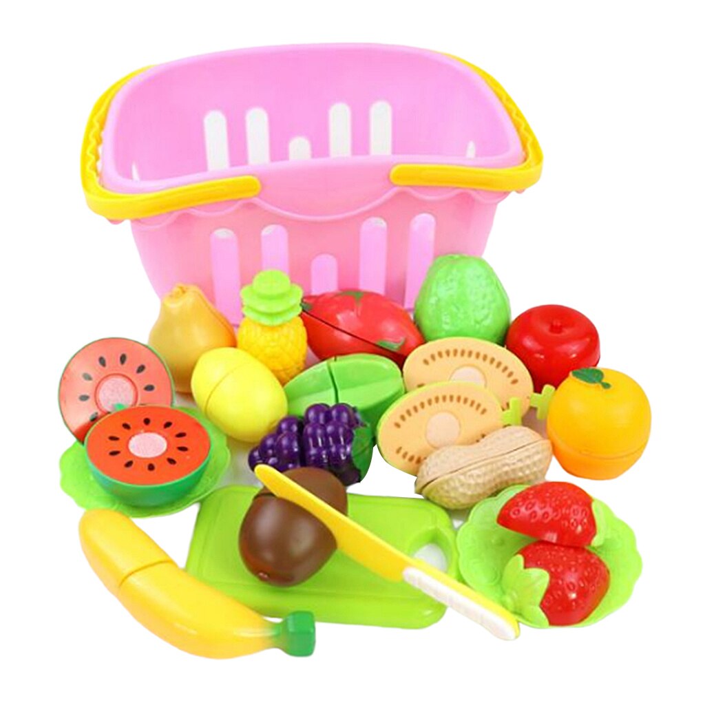 20Pcs Pretend Cutting Play Food Set with Storage Basket, Early Development Learning Toy for Toddlers 3 Years +: Pink
