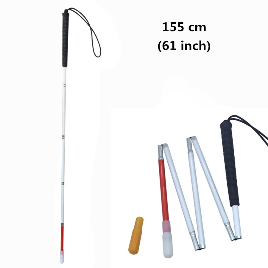 105-155cm synskadade vita käpp, fällblind käpp i aluminium, blind käpp, reflekterande röd och vit, svart handtag: 155cm (61 tum)