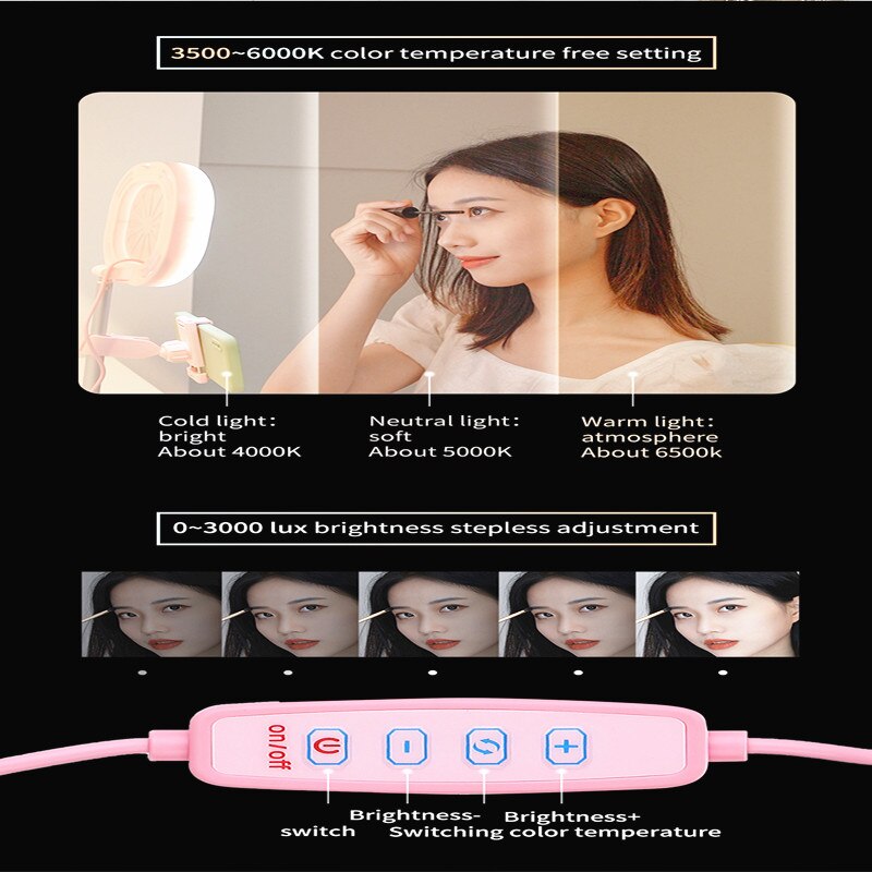 Dimmbare LED Ringlicht - Tragbare Selfie Lampe mit Spiegel & Handyhalterung - USB - 3 Farben, 5 Stufen