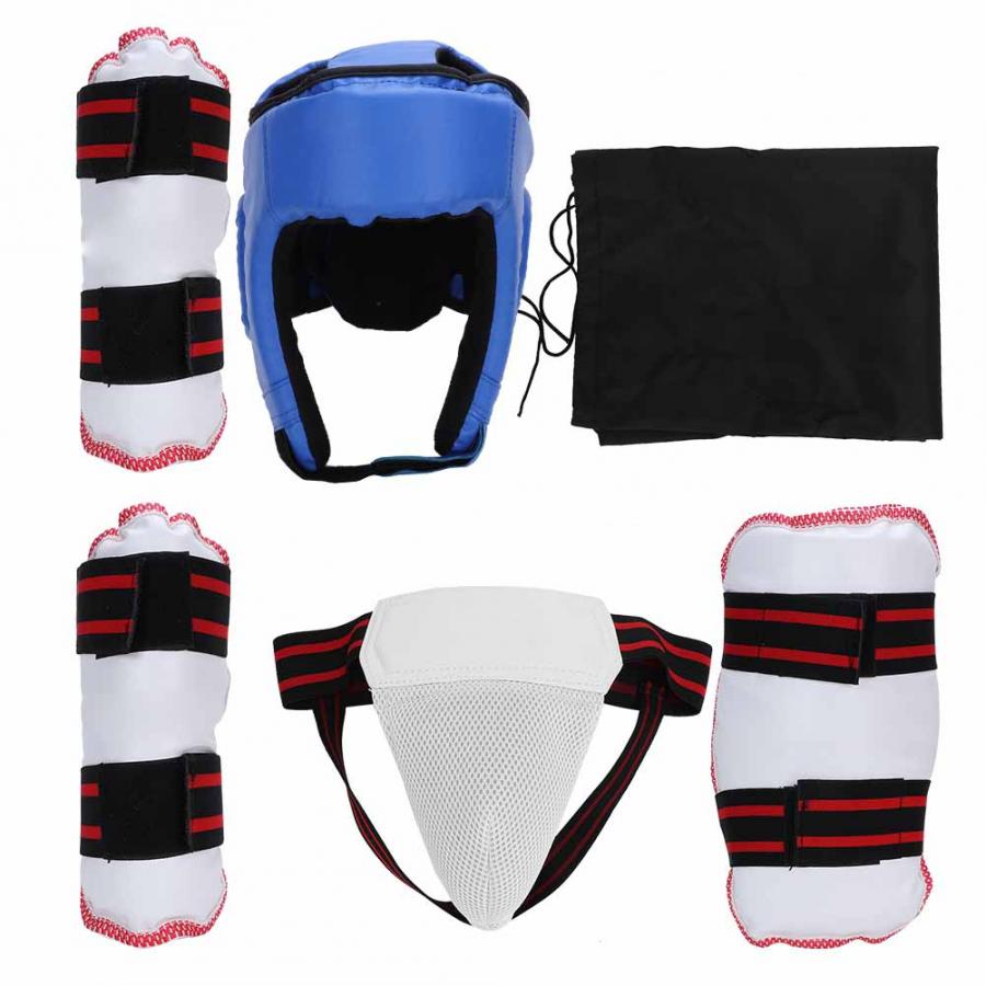 Taekwondo Groin garde PU sport sécurité Kit bras bande + casques + Jockstrop + poitrine protecteur boxe karaté entrejambe Kit de protection