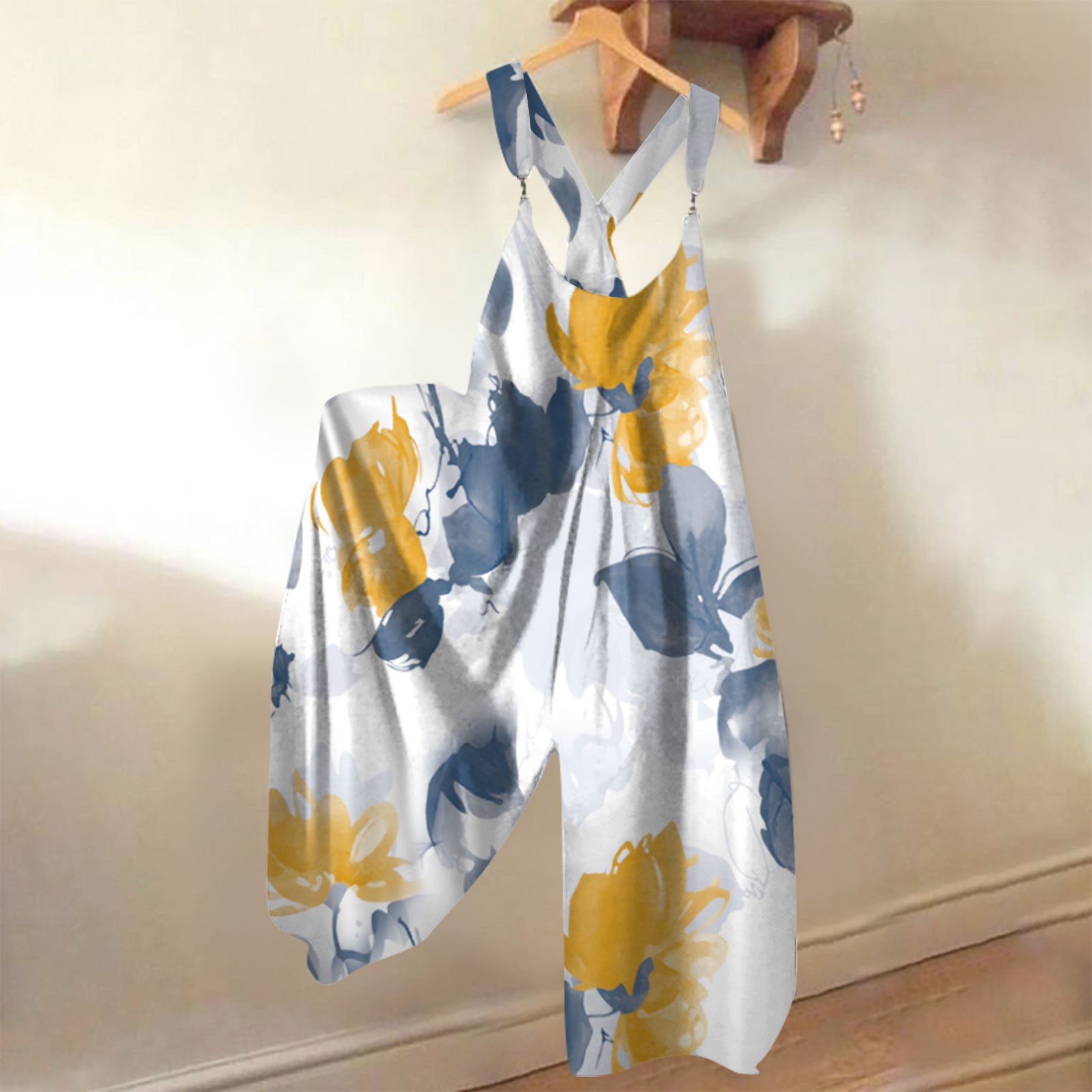 Brede overalls til kvinder, afslappet, løse ærmeløse jumpsuits med retroprint, metalknapper, lange bukser med lommer: M / Gul