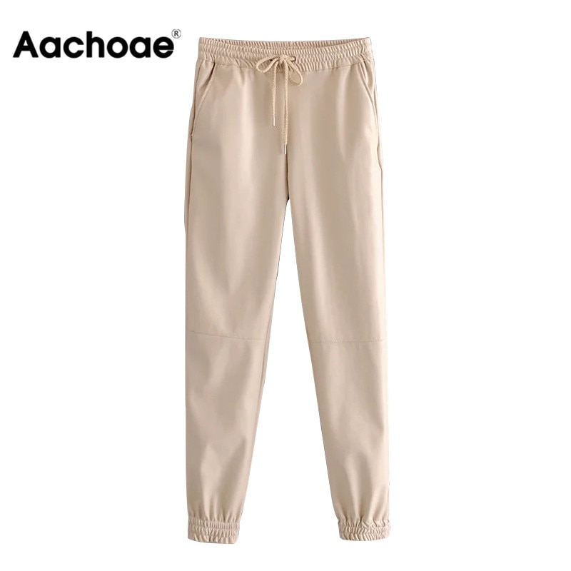 Aachoae dames lange pu leren broek met trekkoord, sportieve stijl, lange joggingbroek voor dames, baggy casual kokerbroek, damesbroek