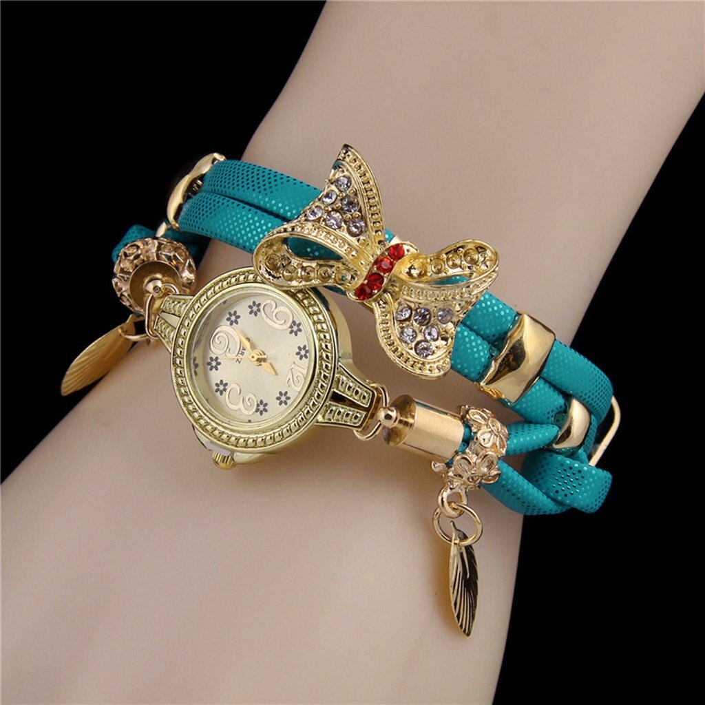 Unieke Vlinder Vintage Sieraden Horloge Vrouwen Lady Vintage Retro Rivet Gevlochten Armband Lederen Band Jurk Horloge Zus