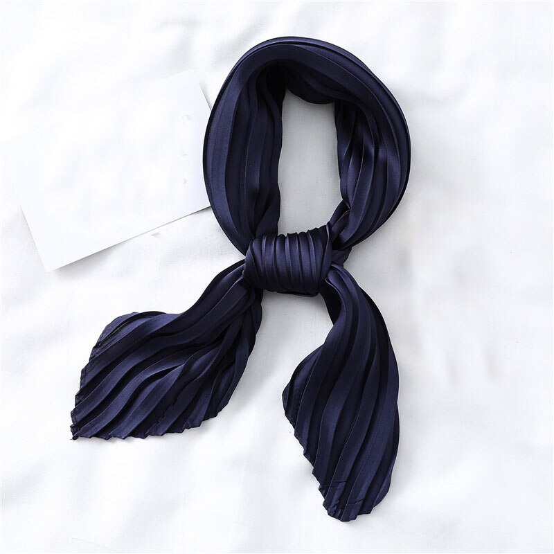 Silk Pleated Scarf Square Scarf For Women Small Scarves Soft Satin Neckerchief Decorative Headscarf Solid Hair Scarf Summer: Navy Blue