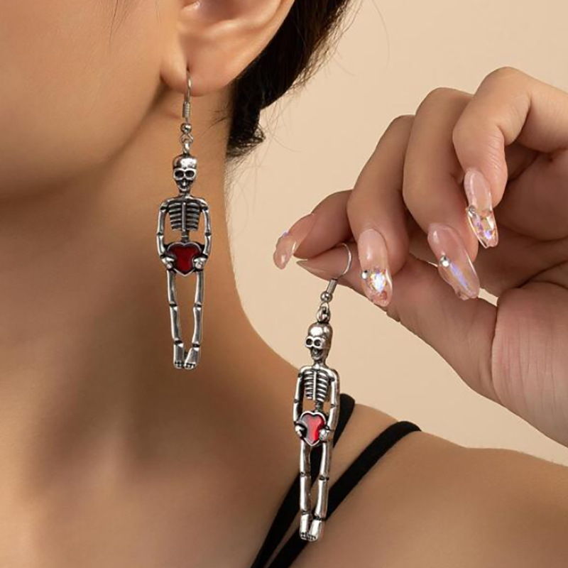 Pendientes colgantes de esqueleto de Halloween a la para mujer, pendientes góticos de gato negro con calavera gótica Punk Vintage, de joyería divertidos para