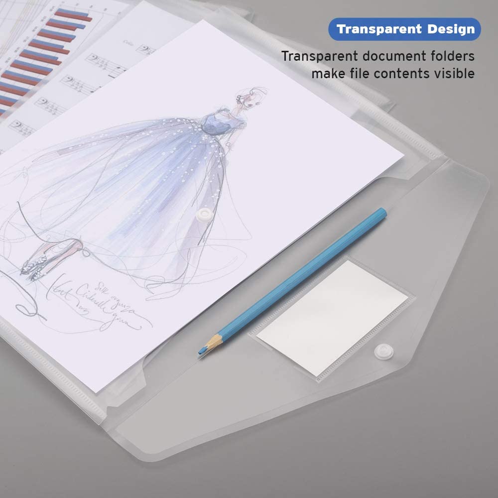 A4 Size Transparent File Envelopes with Label Pocket, Snap Closure Clear Filing Envelopes for School/Home/ Office Organization