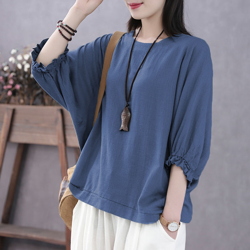 Zomer Losse Casual Batwing Halve Mouw Ruches Shirt Dames O Hals Effen Kleur Top Dames Oversized Pullover Blouse Femme: XL / Blauw