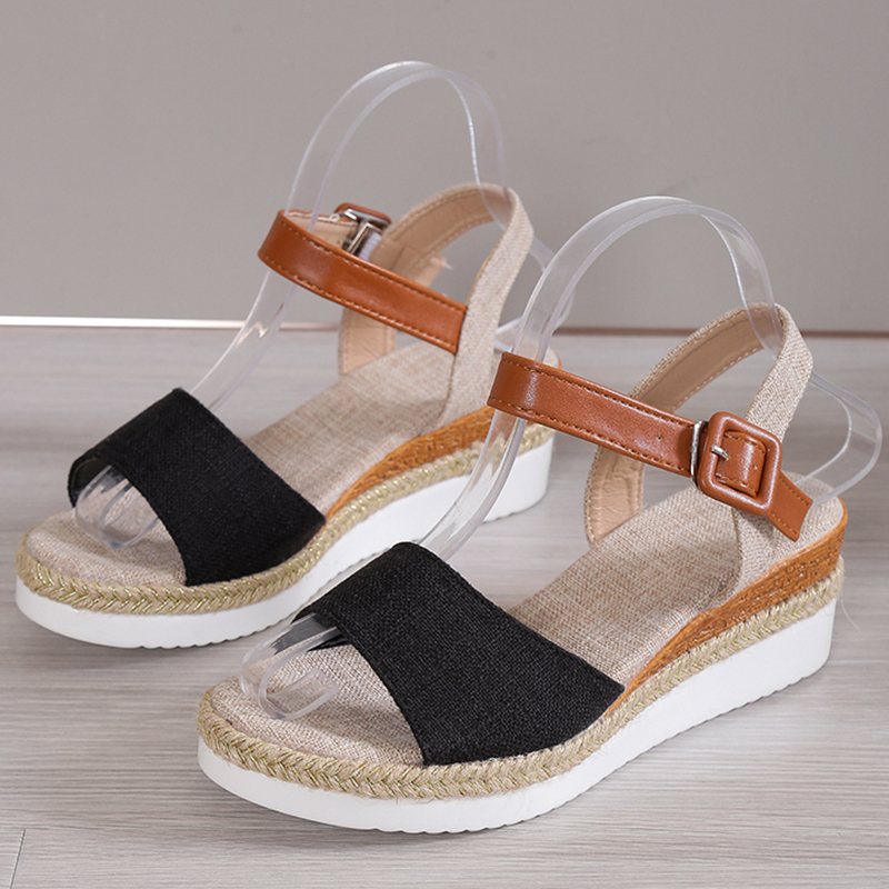 Sandalias de Mujer, Sandalias de tacón con cuña y Punta abierta, zapatos de verano 2025, Sandalias de plataforma baja para Mujer, zapatos de tacón de cáñamo antideslizantes: Negro / 39