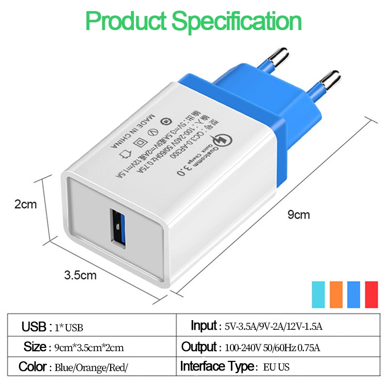 18W USB Charger Quick Charge 3.0 EU Plug Mobile Phone Travel Wall Fast Charger Power Adapter For iPhone 11 Samsung Xiaomi Huawei