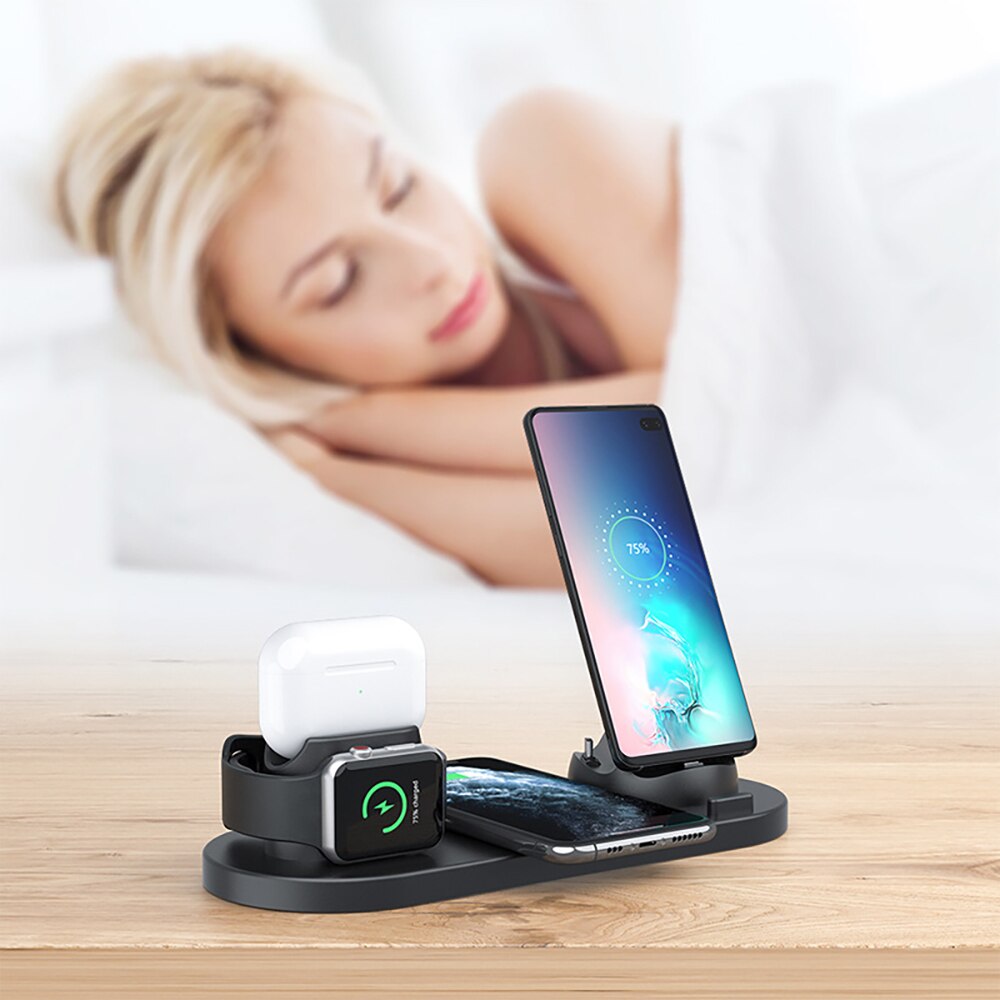 10W Qi Wireless Charger Dock Station 6 in 1 For iPhone Airpods Micro USB Type C Stand Fast Charging 3.0 For Apple Watch Charger