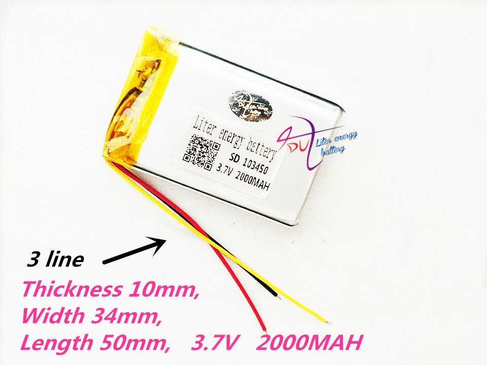 3 draden 103450 3.7 V 2000 MAH lipo lithium polymeer oplaadbare batterij voor MP3 GPS navigator DVD recorder headset e-book camera