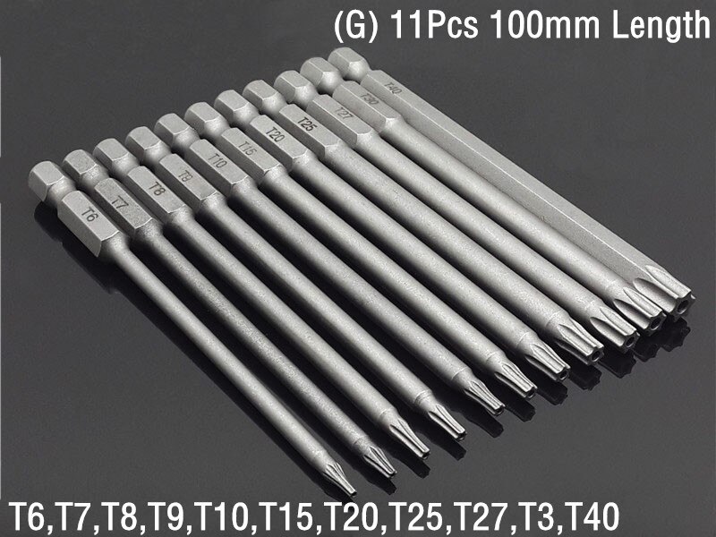 50/75/100/150MM Set Security Tamper Proof Magnetic Screwdriver Drill Bit Screw Driver Bits Hex Torx Flat Head 1/4" Hand Tools: G)11Pcs 100mm Length