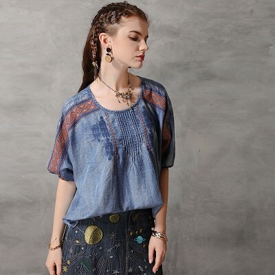 Chemisier femmes Yuzi. may Boho Denim femmes Blouses col rond lanterne manches Vintage broderie Blusas Femininas B9281 Blusa: Default Title