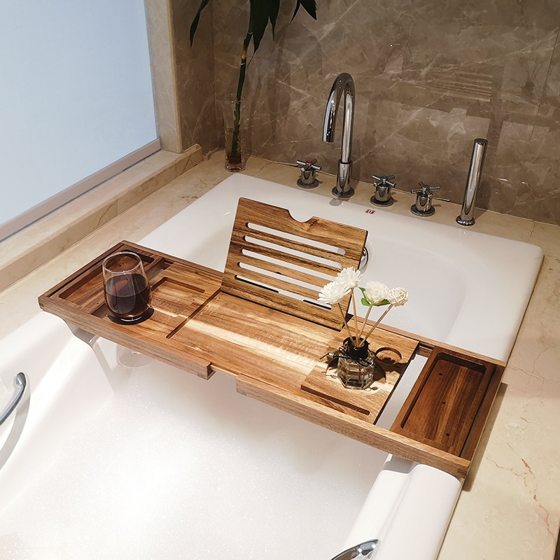 Verstelbare Home Spa Houten Bad Lade Bamboe Handgemaakte Bad Caddy Organisator Rack Badkamer Accessoires Bad Rack Standhouder