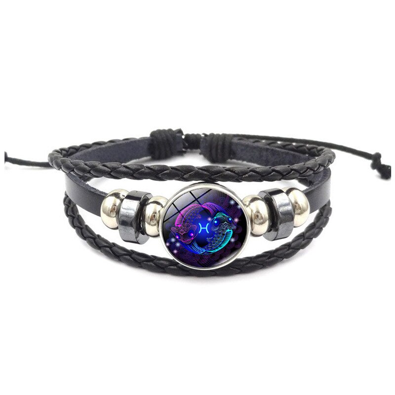 Horóscopo astrología 12 Zodiaco tejido luminoso cuero de vaca cielo estrellado pulsera hombres mujeres Acero inoxidable pulsera joyería: Pisces