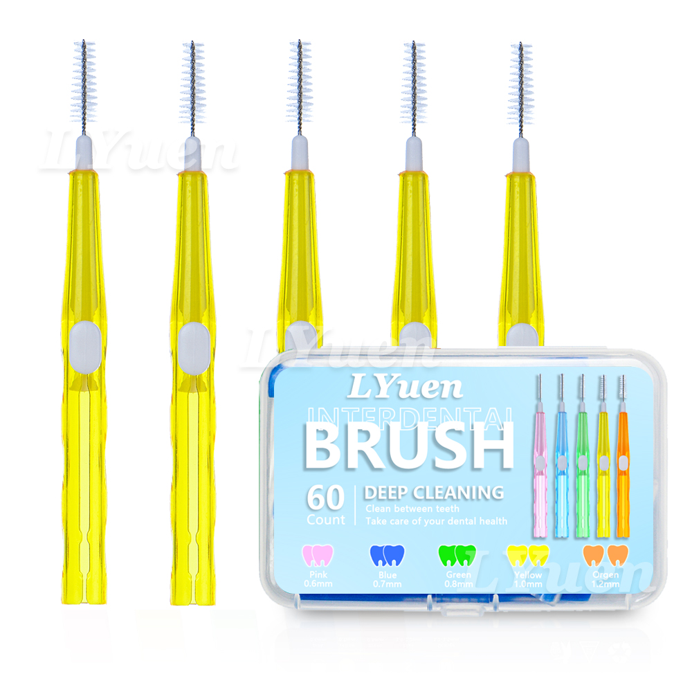 60 stks/doos Draagbare Push-Pull Rager Orthodontische Beugel Schoonmaken Tandenborstel Onbedekt Interdentale Reiniging Tool: YELLOW