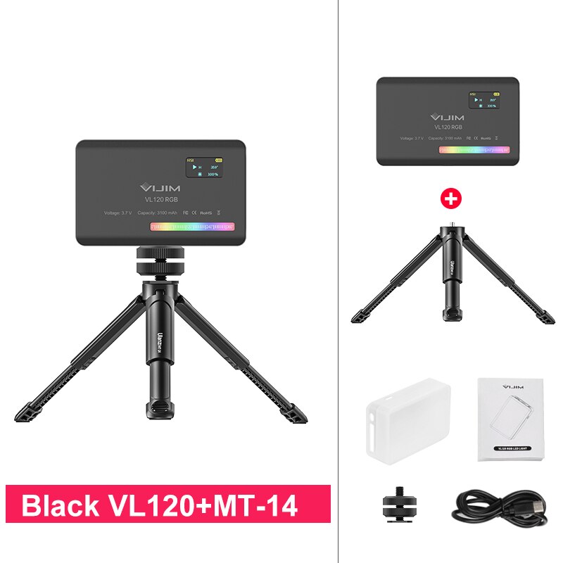 Ulanzi VL120 RGB Compact Video Light with Display Screen Diffuser Mini Camera RGB Light Smartphone Selfie Lighting 3100mAh: VL120