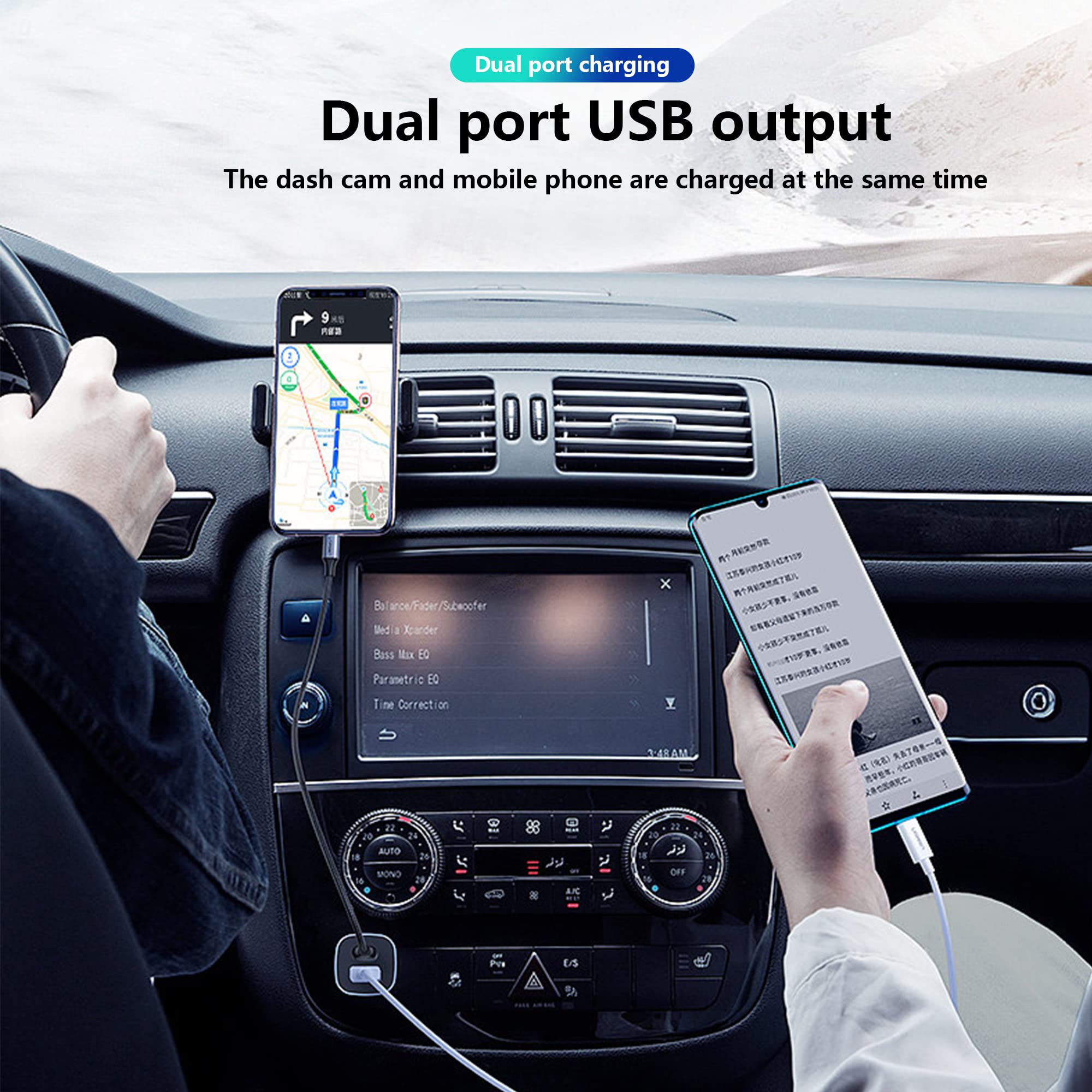 Meiriyfa Dashcam Voedingskabel, Dashcam Oplader Mini Usb, Qc3.0 Snelle Auto-Oplader Met Dubbele Usb-Poorten Voor Verschillende Modellen
