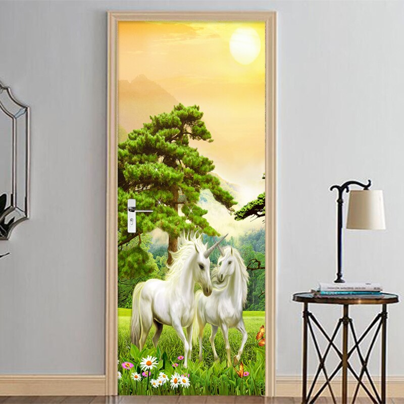 2 stuks/set Zelfklevende Deur Sticker 3D Bos Dier Behang Woonkamer Home Decor Plakken PVC Waterdichte Deur Muur sticker