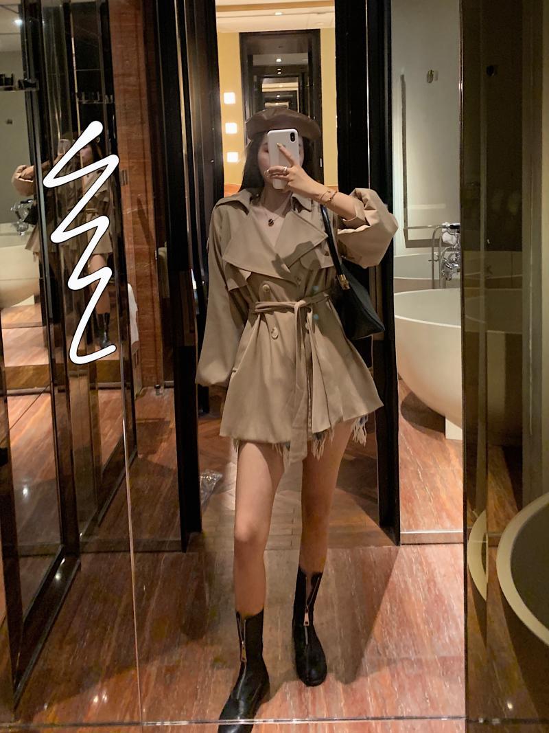 Online Celebrity Style Puff Sleeve Lace-up Loose-Fit Slimming Autumn Trench Coat