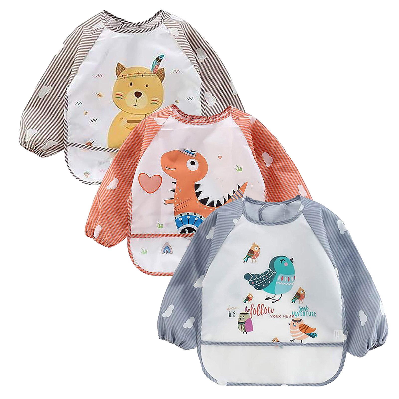 3 Pc Baby Waterproof Long-sleeve Striped Anti-wearing Cartoon Bib Inverted Gown Style Baby Dirt-resistant Cute Bib: Default Title