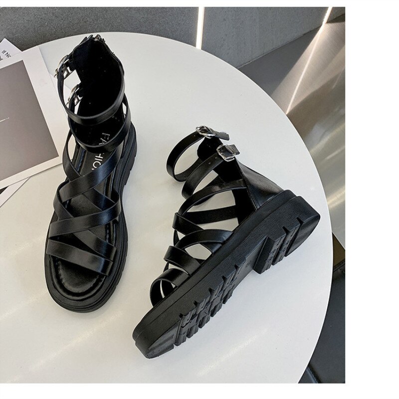 Sandalias romanas con cremallera y parte trasera plana para Mujer, calzado informal De suela gruesa, calado alto, novedad