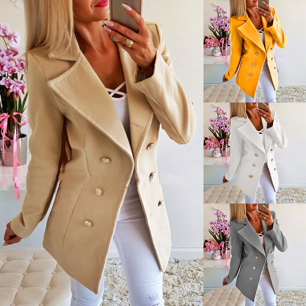 HEFLASHOR Mujer Chaquetas de lana Casual otoño doble botonadura Vintage Oficina señora vestido abrigos chaqueta sólida delgada ropa de abrigo Mujer