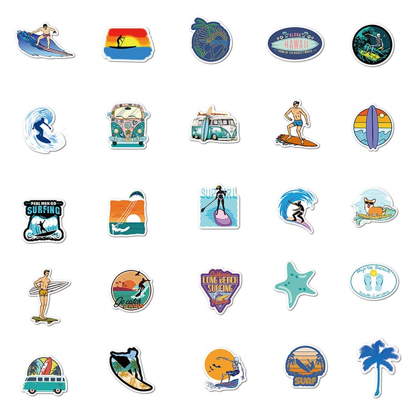 50PCS Outdoor Surfing Stickers Summer Tropical Beach Surfing Stickers For Surfboard Luggage Water Bottle Wall Laptop Sticker
