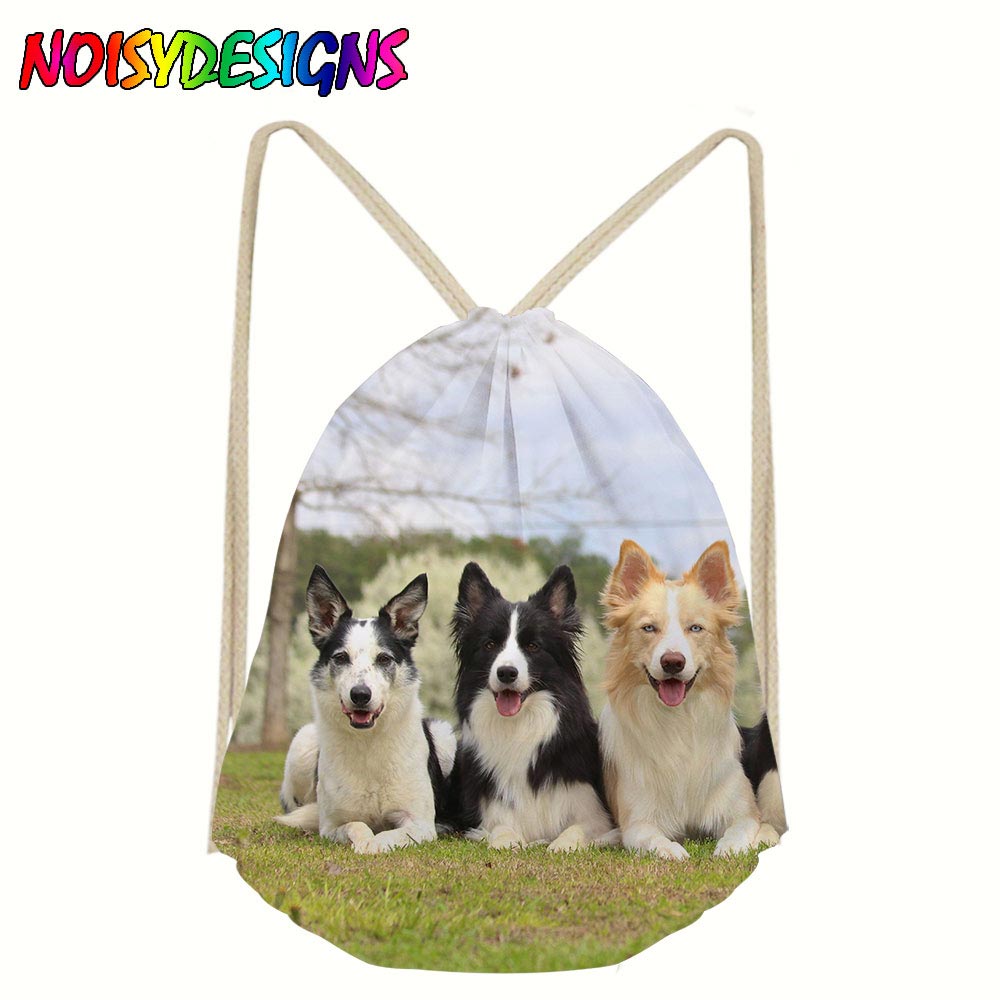 Lin oppbevaring pakke bag border collie hund mønster snøre bag liten mynt veske reise kvinner liten tøy veske veske
