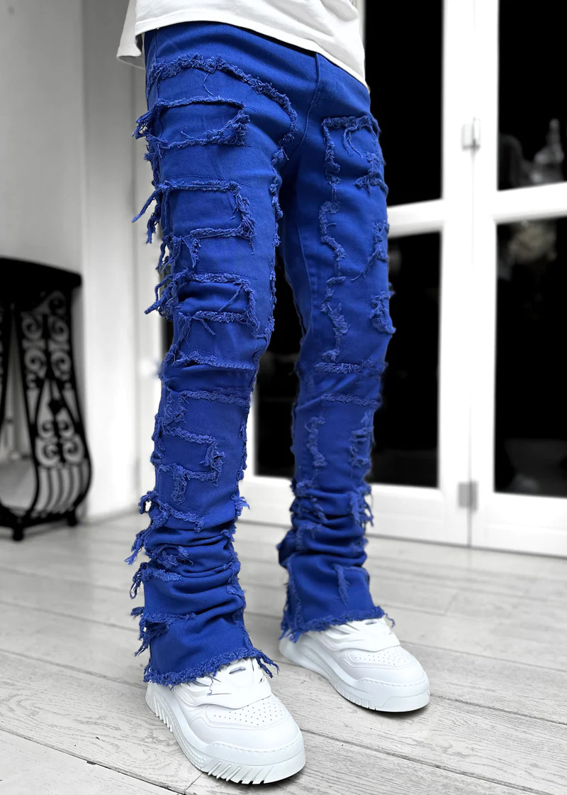 Stretch patch herrejeans  y2k patchwork kvaster dekoration lige denimbukser til mænd hiphop jeansbukser: Xxl / Mørkegrå