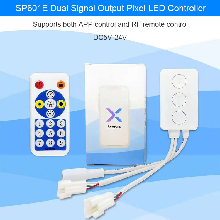 SP601E;led bluetooth pixel controller;dual output;supports both smart phone APP and RF remote;DC5-24V input