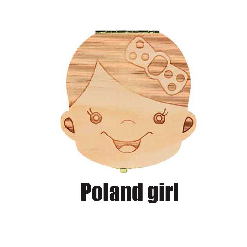 Tandendoosje spaans/engels/frans/russisch houten tandendoos organizer bewaar melktanden houten opslag tanden verzamelen: Pools meisje