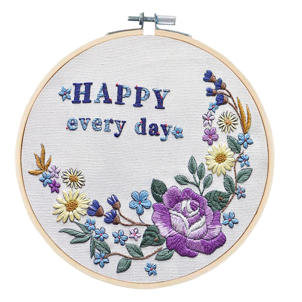 Embroidery Kit (Flowers Happy Every Day) DIY Embroidery Hoop Cross Stitch