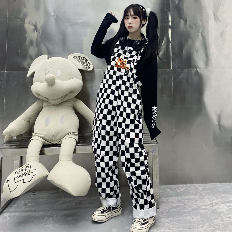 Street hip-hop harajuku pige ko print oneies til kvinder sort hvid plaid overalls afslappet jumpsuit bukser baggy bukser: Hvid / M